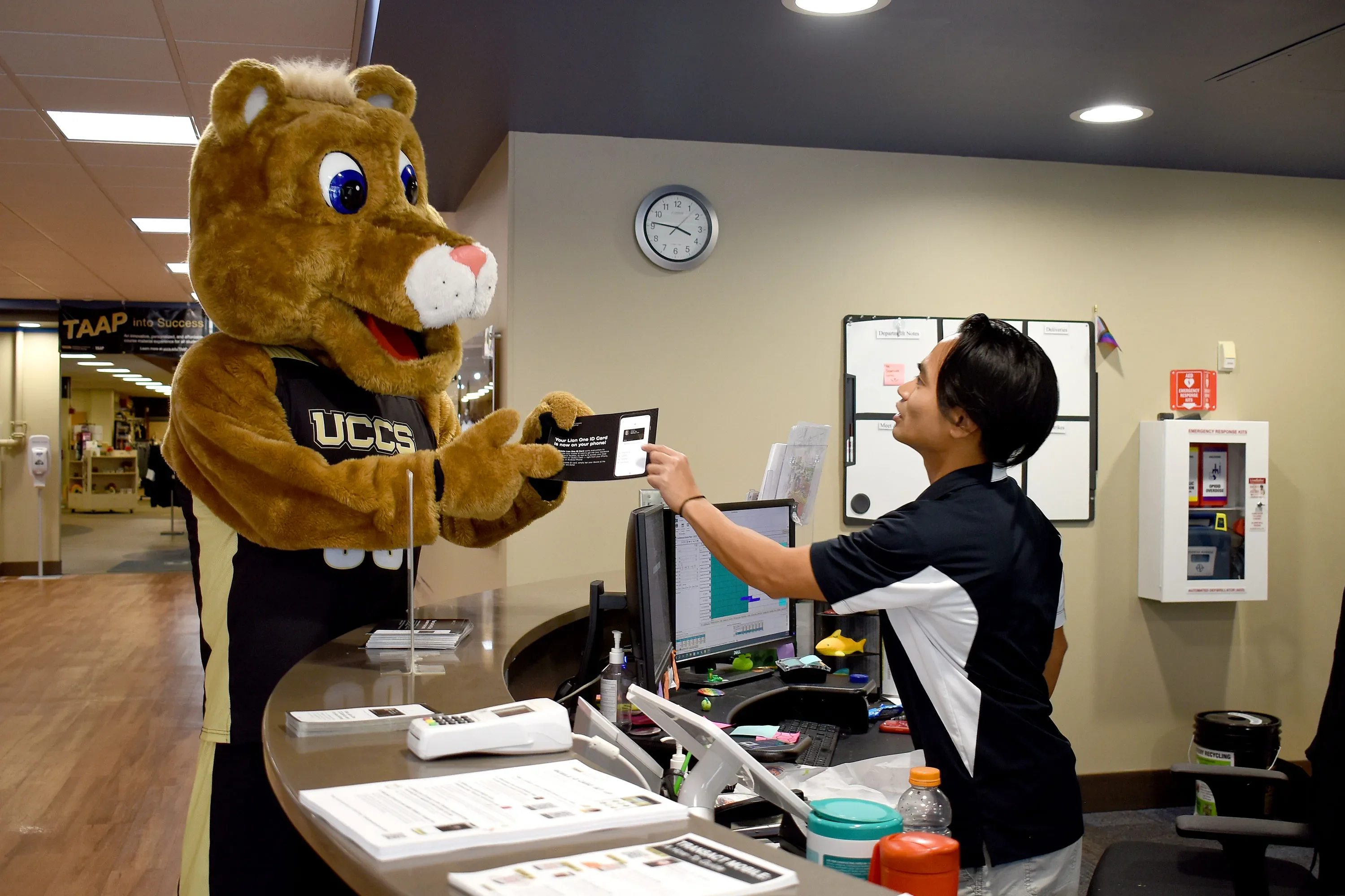 Clyde at the University Center Info Desk